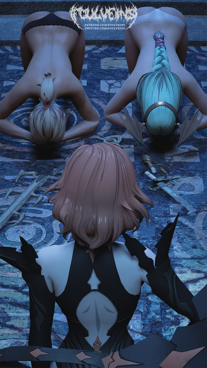 3d 3girls ass ass_up back back_view backless_outfit bare_back big_ass black_panties blonde_hair braid braided_ponytail broken_weapon catherine_(fire_emblem) dark-skinned_female dark_skin defeated dogeza face_down_ass_up female female_only femdom femsub fire_emblem fire_emblem:_three_houses foulveins green_hair kneeling kronya_(fire_emblem) long_hair multiple_girls nintendo orange_hair panties panties_only ponytail rhea_(fire_emblem) seiros_(fire_emblem) short_hair sword topless underwear weapon white_panties yuri