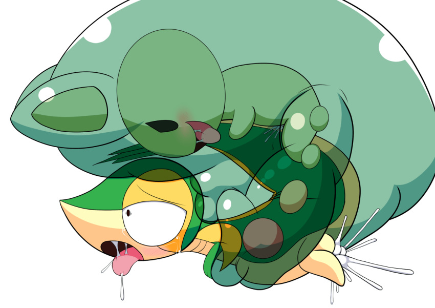 3_fingers blush bodily_fluids cidea crying crying_with_eyes_open cum cum_on_tail female green_body interspecies male male/female nintendo pokemon pokemon_(species) reuniclus saliva simple_background slime snivy