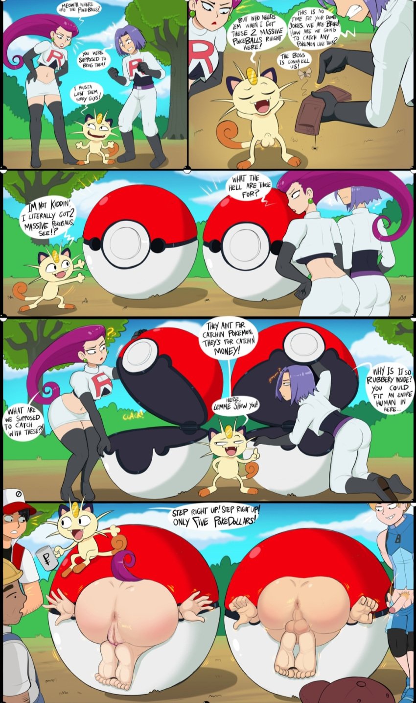 anus balls blue_hair feet femboy gay james_(pokemon) jessie_(pokemon) male meowth penis pink_hair pokeball pokemon pussy shadman small_penis trap yaoi