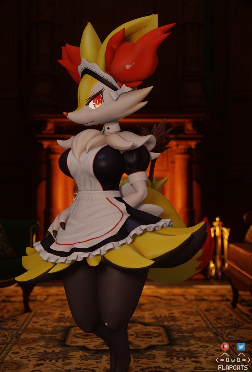 3d 3d_(artwork) anthro apron black_body black_clothing black_dress braixen canid canine claws clothed clothing digital_media_(artwork) dress fangs female flapcats frilly hi_res inner_ear_fluff looking_at_viewer maid_headdress maid_uniform mammal nintendo pokémon_(species) pokemon pokemon_(species) red_eyes short_sleeves smile solo standing tuft uniform video_games white_body