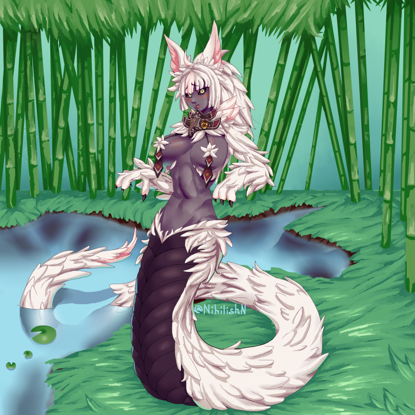 1girls animal_hands background bunyip_(monster_girl_encyclopedia) claws dark_skin draw drawing female fur lamia monster_girl monster_girl_encyclopedia nihilishn snake snake_girl tail white_hair