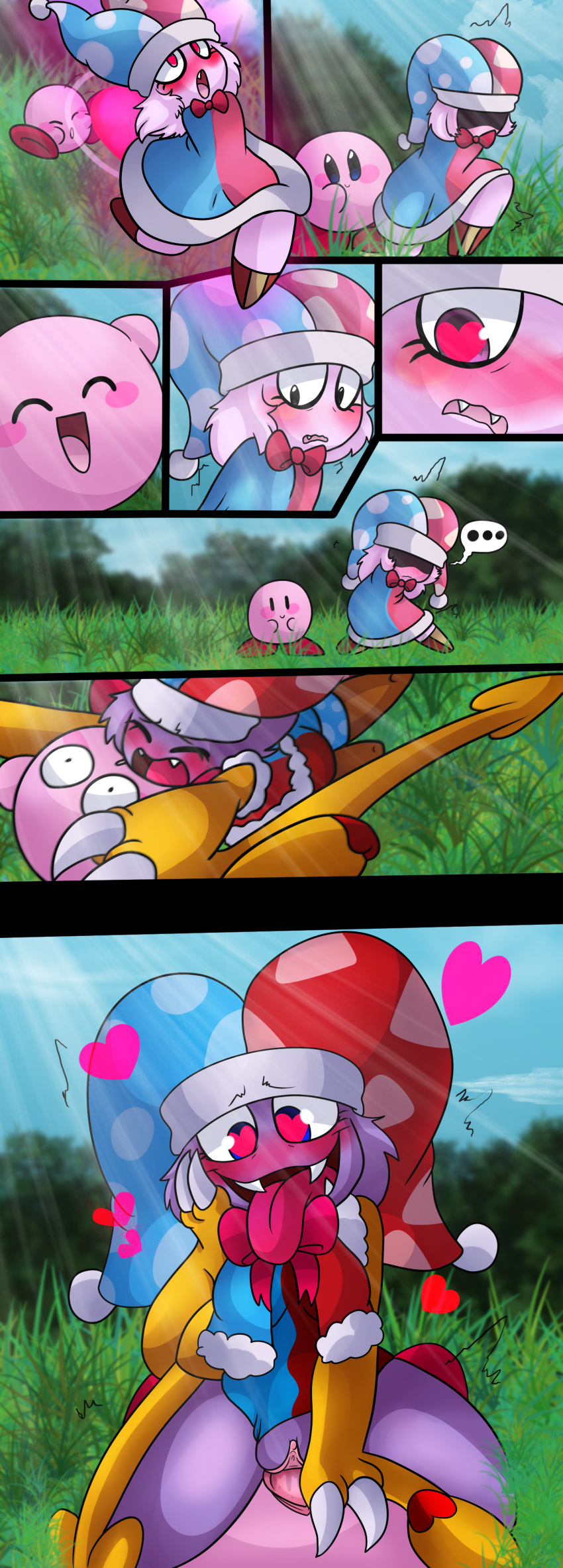 <3_eyes ... ^_^ blue_eyes blush bow_tie clitoris closed_eyes comic cute_fangs detailed_background duo facesitting female heart kirby kirby_(series) looking_pleasured male marx nintendo penis pussy rosy_cheeks rule_63 smile speech_bubble straight tongue tongue_out video_games yoshimister