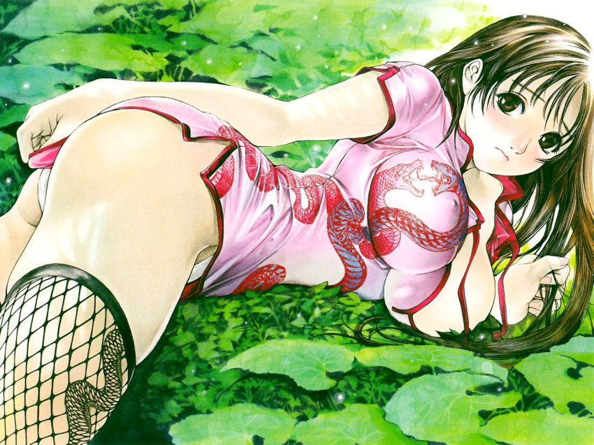 1girls ass blush breasts brown_eyes brown_hair china_dress chinadress chinese_clothes covering covering_ass dress dress_tug erect_nipples female female_only fishnet_legwear fishnet_stockings fishnets large_breasts legwear long_hair lying natsume_aya oh!_great on_stomach panties pantyshot pantyshot_(lying) solo stockings tenjou_tenge thighhighs underwear wallpaper white_panties