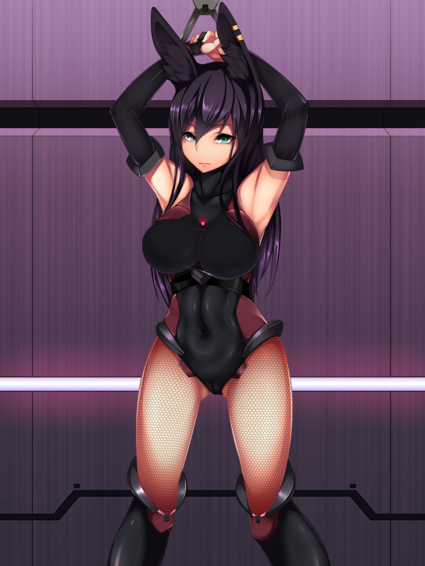 aqua_eyes arm_up blush bodysuit breasts bunny_ears bunny_girl elbow_gloves female fishnets long_hair purple_hair rabbit_silence