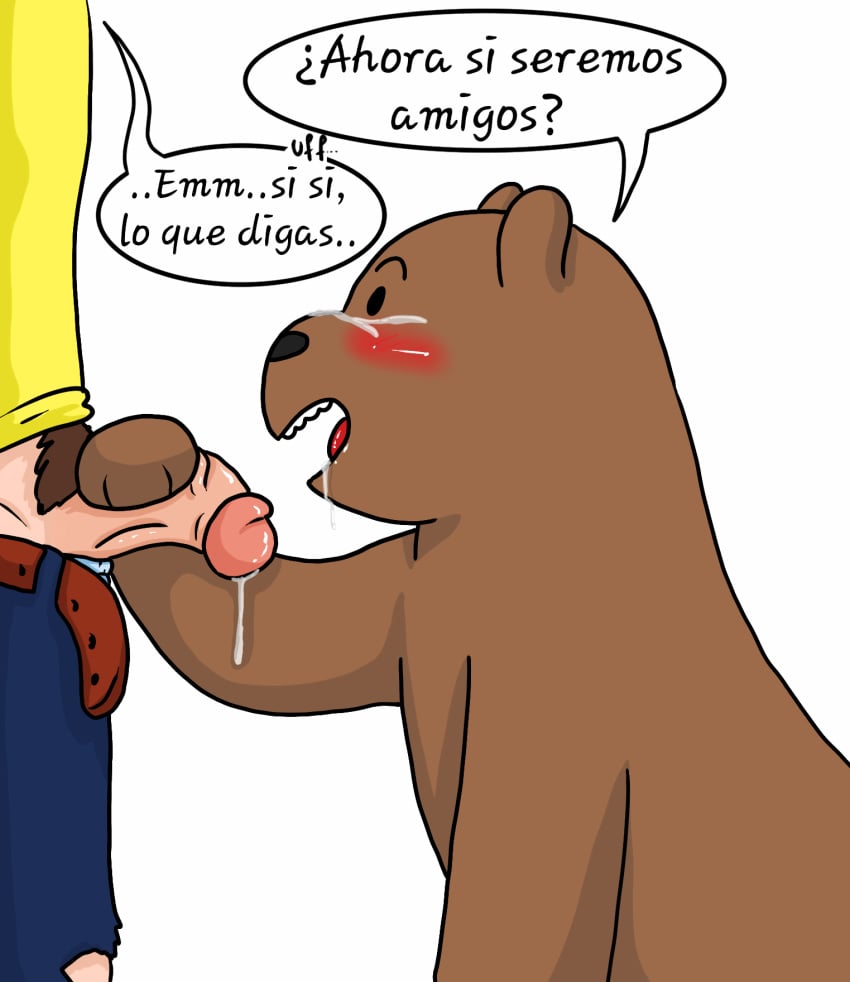 bear blush cartoon_network clothing cum cum_in_mouth cum_inside cum_on_face drooling grizzly_(wbb) grizzly_bear handjob human kneeling male mammal overweight penis saliva sex simple_background somcrule spanish_text text translated we_bare_bears white_background yaoi