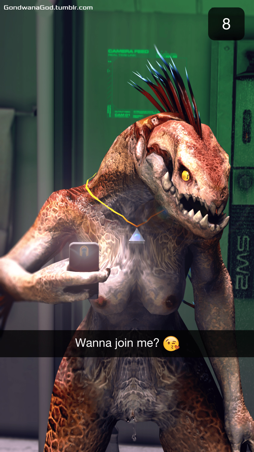 3d alien bathroom breasts cellphone digital_media_(artwork) english_text female female_kig-yar gondwanagod halo_(series) jewelry kig-yar necklace nipples open_mouth phone presenting pussy pussy_juice selfie shower snapchat solo source_filmmaker standing teeth text video_games yellow_eyes