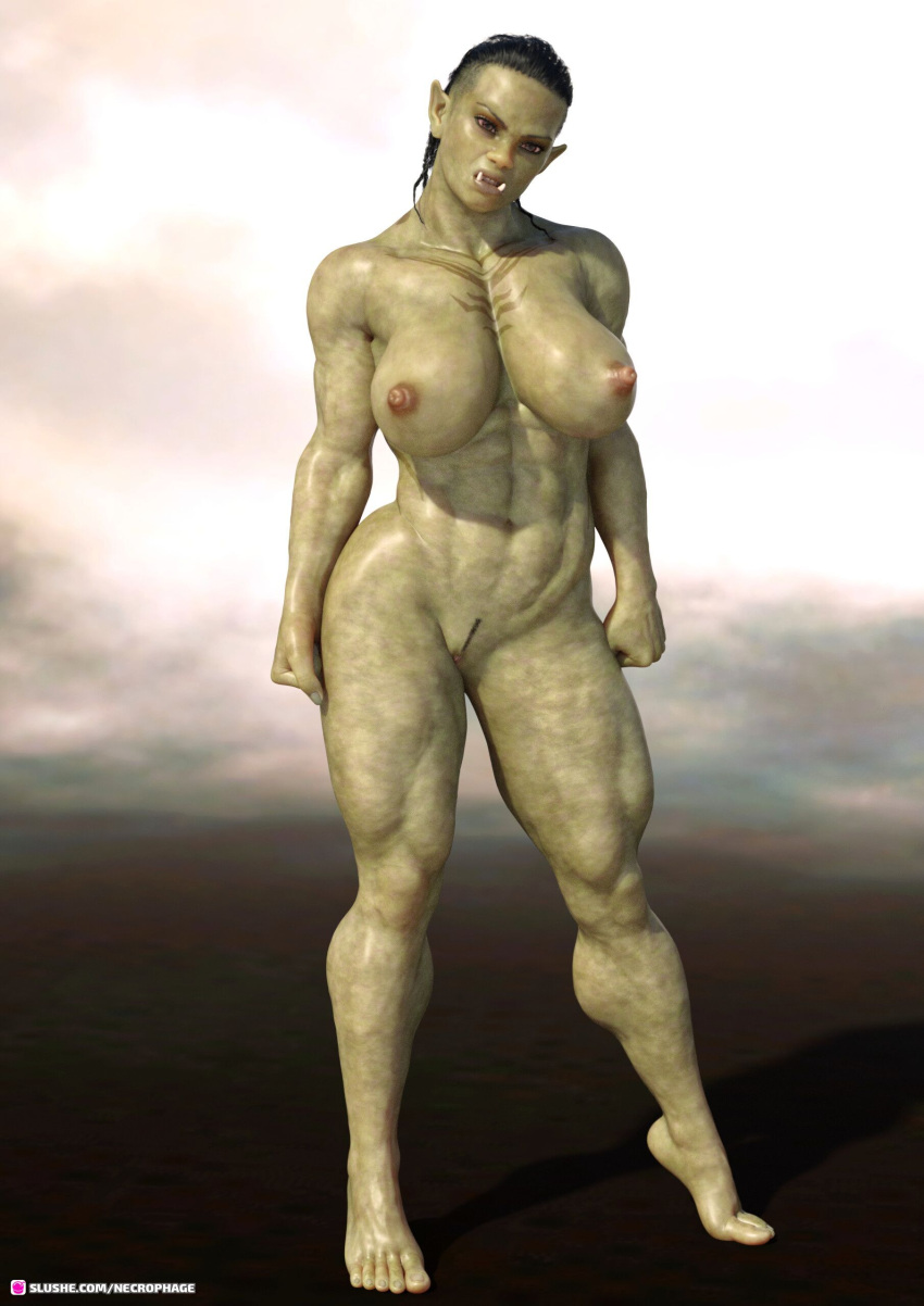 1girls 2022 3d abs black_hair black_pubic_hair extreme_muscles female female_only front_view green_body green_skin huge_breasts muscular muscular_female necrophage nude nude_female orc orc_female pubic_hair short_hair slushe_(website) solo solo_female standing trimmed_pubic_hair tusks