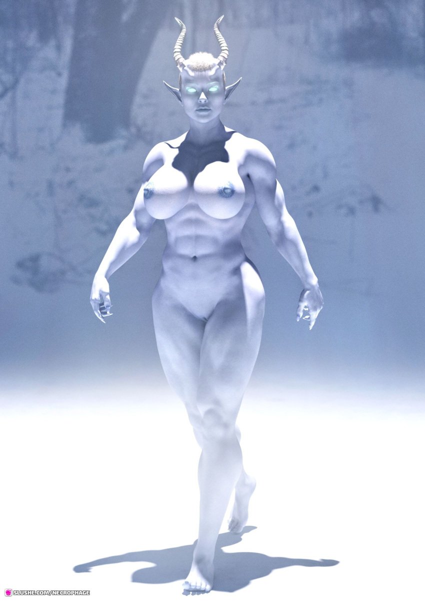 1girls 2022 3d abs demon demon_girl devil devil_girl elf_ears female female_only glowing_eyes gray_body grey_body horns huge_breasts ice muscular muscular_female necrophage outdoor outdoor_nudity outdoors outside pointy_ears slushe_(website) solo solo_female standing white_body white_skin winter