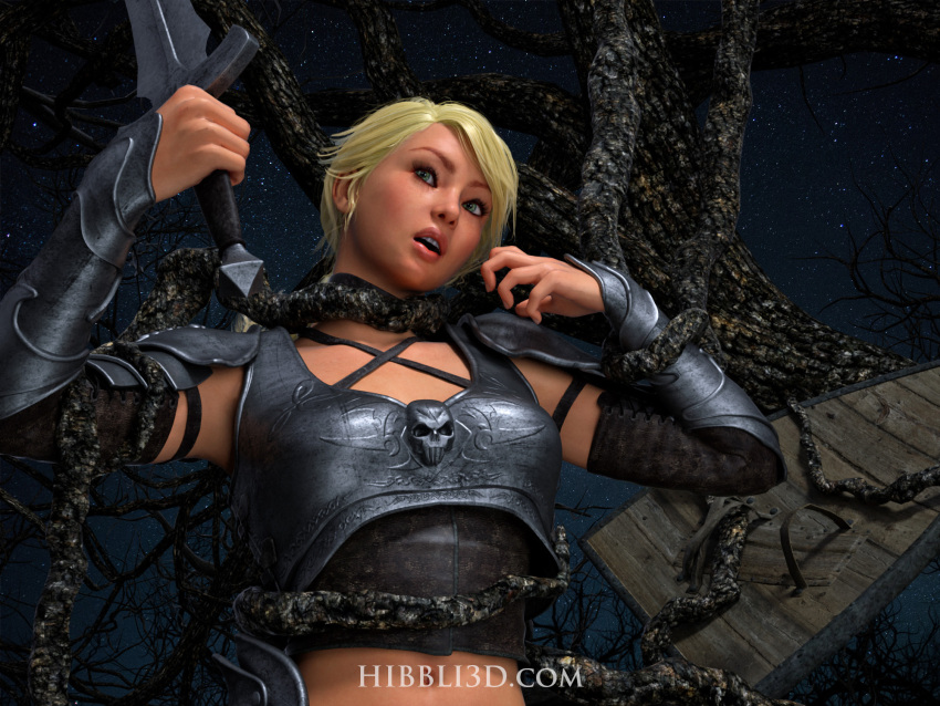 2019 3d armor blonde_hair bondage clothed clothing combat elayne_(hibbli3d) fantasy hibbli3d holding_object holding_sword holding_weapon medium_breasts original original_character plate_armor ponytail restrained slushe_(website) sword tentacle tree_branch