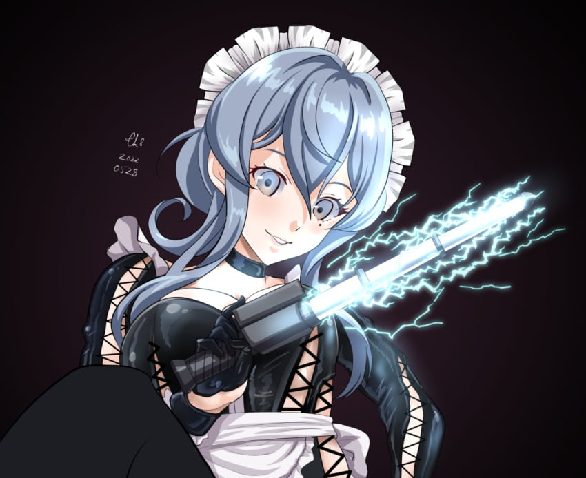 alternate_costume black_gloves blue_eyes blue_hair dated dominatrix enmaided female gloves gotland_(kantai_collection) kantai_collection long_hair looking_at_viewer maid maid_headdress mole mole_under_eye signature solo stunstick sword tk8d32 upper_body weapon