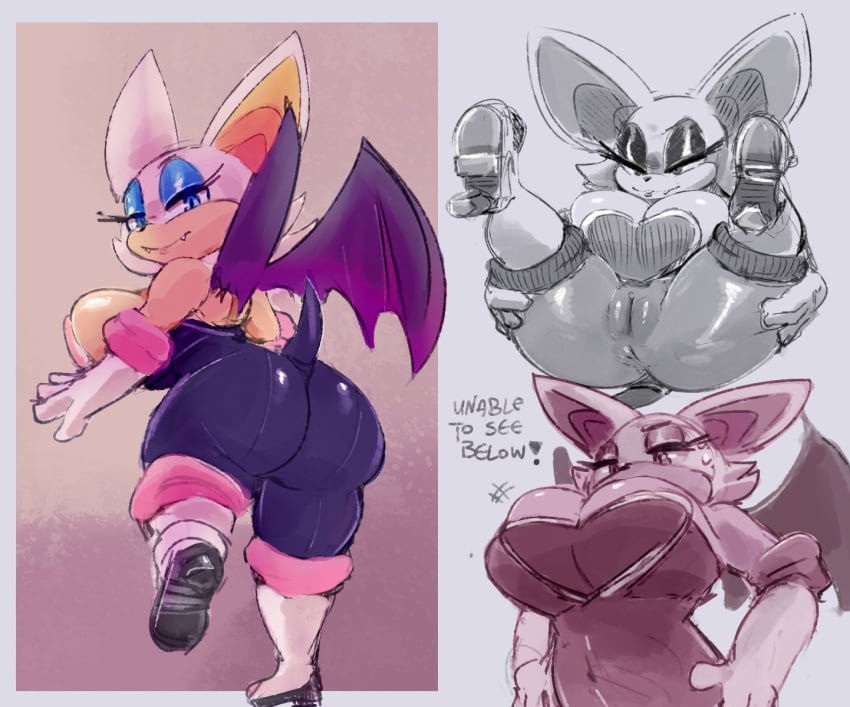 2022 anthro anus ass big_breasts big_butt breasts bubble_butt chiropteran cleavage clothed clothing english_text female genitals gloves handwear hi_res huge_breasts kiseff looking_at_viewer mammal pussy rouge_the_bat sega shortstack simple_background solo sonic_(series) sonic_the_hedgehog_(series) spread spread_anus spread_legs text thick_thighs video_games wide_hips