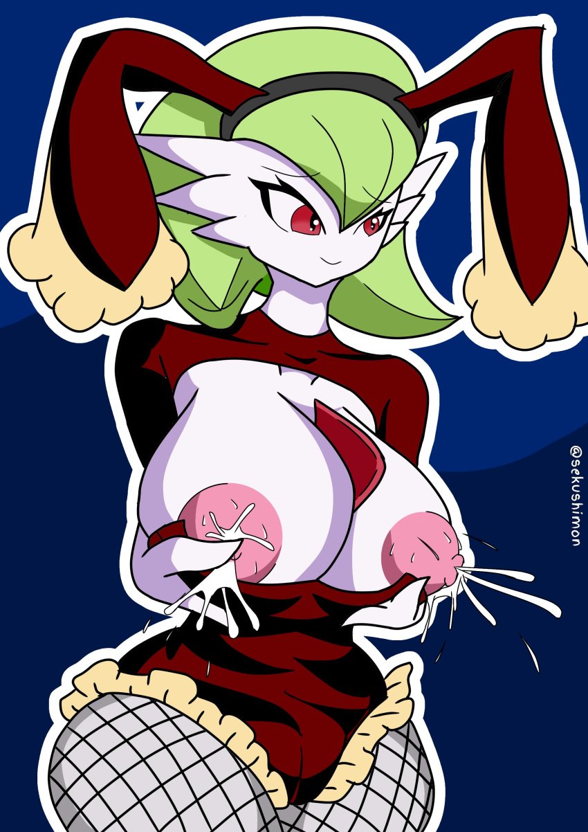 2023 areolae artist_name big_breasts breasts_out bunny_ears bunny_ears_headband bunnysuit cosplay game_freak gardevoir green_hair lactation lopunny lopunny_(cosplay) milk nipples pokemon pokemon_(cosplay) pokemon_(species) pokemon_rse red_eyes sekushimon short_green_hair short_hair smile thick_thighs year_of_the_rabbit