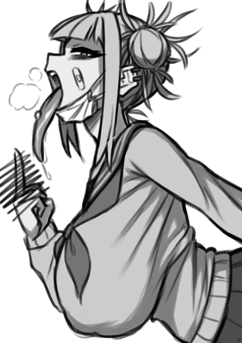 alternate_breast_size bandage bandaid bandaid_on_face blonde_hair breasts coffeelove68 drooling ear_studs earrings facemask greyscale hair_buns himiko_toga huge_breasts jewelry long_tongue looking_at_viewer mask messy_hair middle_finger my_hero_academia open_mouth pierced_tongue piercing school_uniform short_hair skirt suggestive tongue tongue_out tongue_piercing tongue_stud yellow_eyes