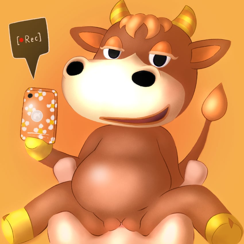 abstract_background animal_crossing anthro bedroom_eyes bovid bovine cattle duo female first_person_view genitals hair hi_res hooves horn human human_on_anthro interspecies looking_at_viewer male male/female mammal narrowed_eyes nintendo nude orange_hair overweight overweight_female patty_(animal_crossing) penetration phone pussy recording seductive simski smug vaginal_penetration video_games