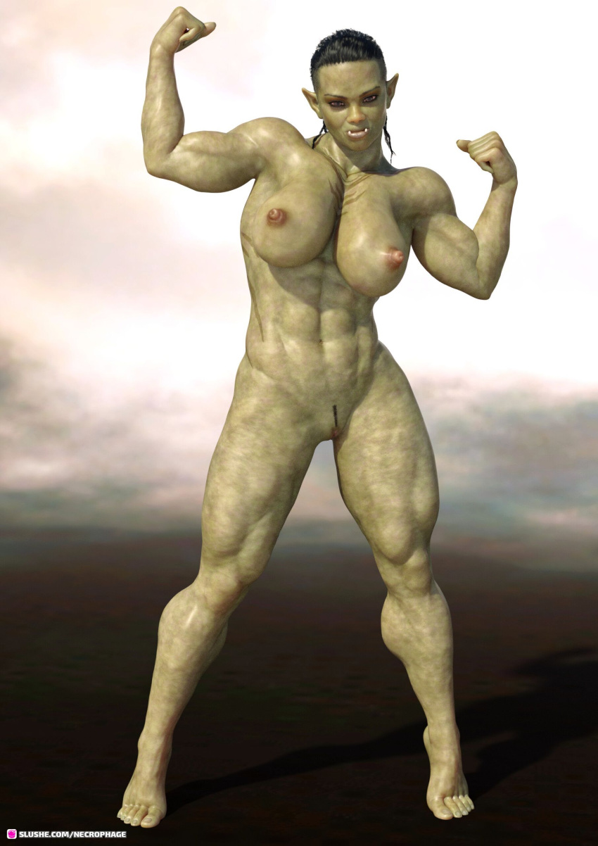 1girls 2022 3d abs black_hair black_pubic_hair extreme_muscles female female_only flexing front_view green_body green_skin huge_breasts muscular muscular_female necrophage nude nude_female orc orc_female pubic_hair short_hair slushe_(website) solo solo_female standing trimmed_pubic_hair tusks