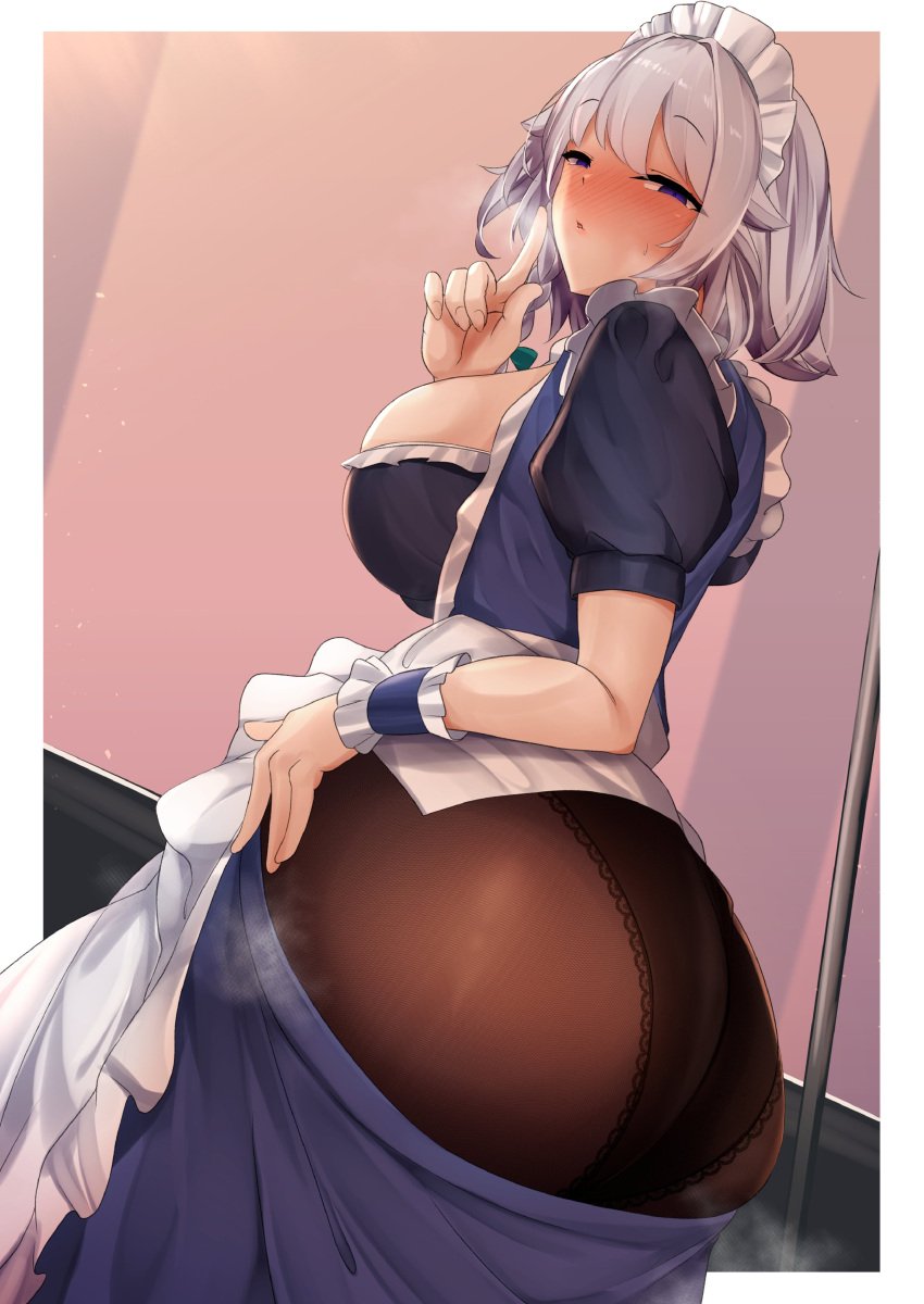 1girls 2021 absurdres apron ass ass_focus blue_dress blue_eyes blush bow braid breasts dress female female_focus female_only finger_to_mouth frilled_apron frilled_dress frills green_bow hairbow highres huge_ass large_breasts looking_at_viewer maid maid_headdress panties panties_under_pantyhose pantyhose pointing pointing_up puffy_short_sleeves puffy_sleeves sakuya_izayoi short_hair short_sleeves shushing silver_hair sinkai solo solo_female touhou twin_braids underwear wrist_cuffs