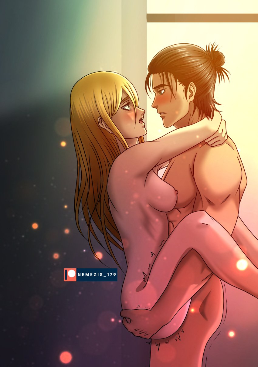 1boy 1girls artist_name athletic_male attack_on_titan bare_shoulders black_hair blonde_hair blue_eyes blush breast_press brown_skinned_male christa_lenz deep_penetration erehisu eren_jaeger green_eyes happy_sex historia_reiss light-skinned_female light-skinned_male light_skin long_hair looking_at_another looking_at_partner looking_pleasured medium_breasts nemesis179 netorare petite royalty sex shingeki_no_kyojin straight straight_sex vaginal_penetration vaginal_sex