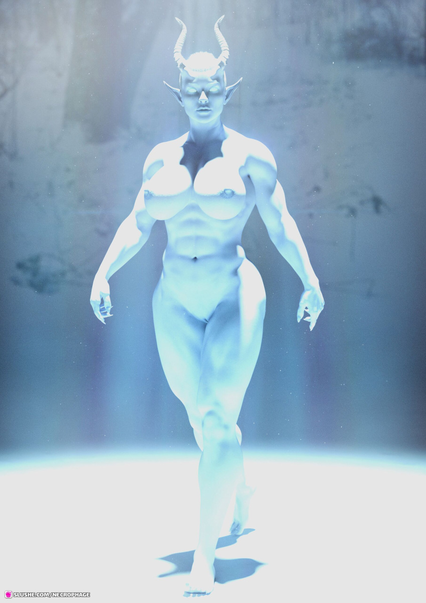 1girls 2022 3d abs demon demon_girl devil devil_girl elf_ears female female_only glowing_eyes gray_body grey_body horns huge_breasts ice muscular muscular_female necrophage outdoor outdoor_nudity outdoors outside pointy_ears slushe_(website) solo solo_female standing white_body white_skin winter