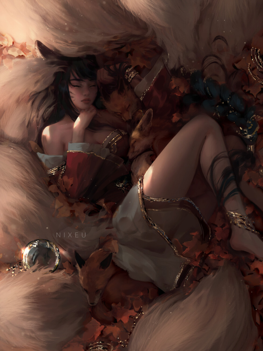 1girls ahri big_breasts cleavage detailed detailed_background female female_only league_of_legends nixeu painting_(artwork) pale_skin thick_thighs upskirt