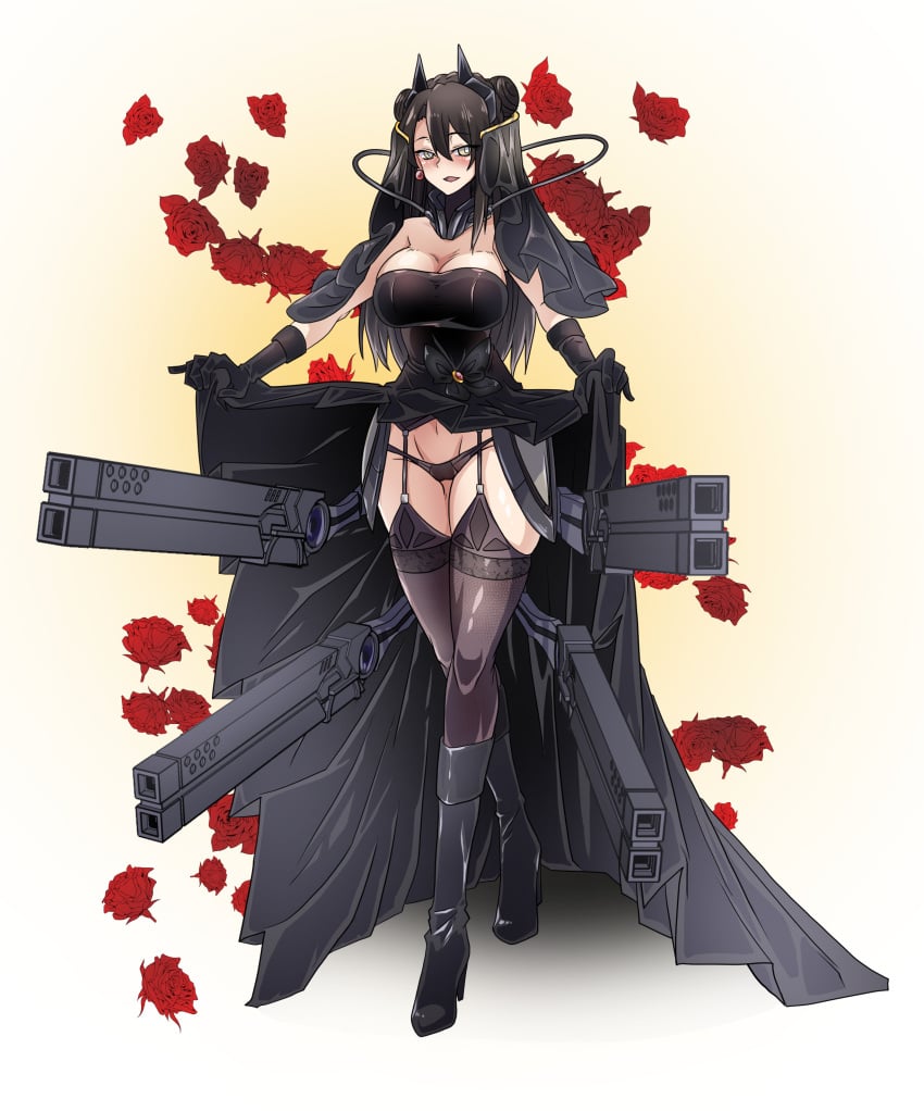 absurdres adapted_costume agent_(girls'_frontline) alternate_costume alternate_hair_length alternate_hairstyle black_bow black_butterfly black_dress black_footwear black_gloves black_hair black_legwear black_panties blush boots bow breasts bridal_veil bug butterfly cable clothes_lift crossed_legs double_bun dress dress_lift earrings elbow_gloves female flower garter_belt garter_straps girls'_frontline gloves gun h_earth high_heel_boots high_heels highres jewelry large_breasts long_dress long_hair looking_at_viewer lowleg lowleg_panties mechanical_parts navel panties rose sangvis_ferri smile solo strapless strapless_dress thick_thighs thighhighs thighs underwear veil watson_cross weapon wedding_dress yellow_eyes