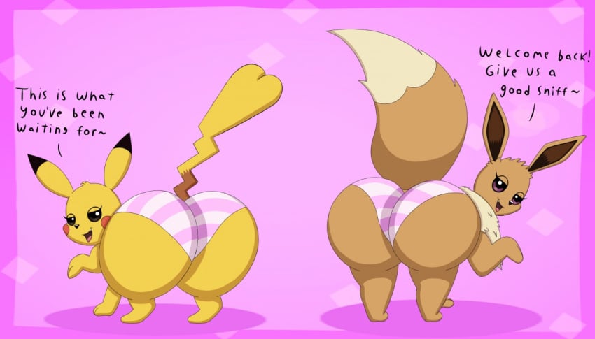 2girls ass ass_focus big_ass big_butt dialogue duo eevee english_text female female_only fur furry furry_only lilwuffler_(artist) looking_back nintendo pikachu pokémon_(species) pokemon pokemon_(species) sniffing_request tail text