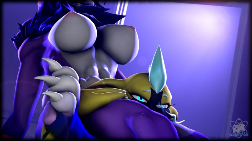 . 3d abdomen ambiguous_gender anthro anthro_only black_fur blue_eyes breasts claws dorukolorukalai female female/ambiguous fur furry furry_breasts furry_ears furry_female furry_only hold holding_head legendary_pokémon mora mythical_pokemon pokemon pokemon_usm project-88_(artist) purple_fur sfm thighs white_fur white_nose yellow_fur zeraora