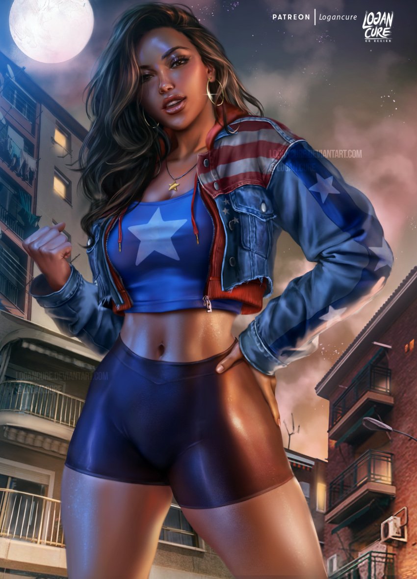 1girls alternate_version_available america_chavez brown_eyes brown_hair crop_top dark-skinned_female dark_skin denim denim_jacket earrings female female_only flag_print full_moon fully_clothed hand_on_hip highres hoop_earrings jacket jewelry latina lips logan_cure marvel marvel_comics moon navel necklace night outdoors short_shorts shorts skin_tight skindentation solo tan thick_thighs thighs