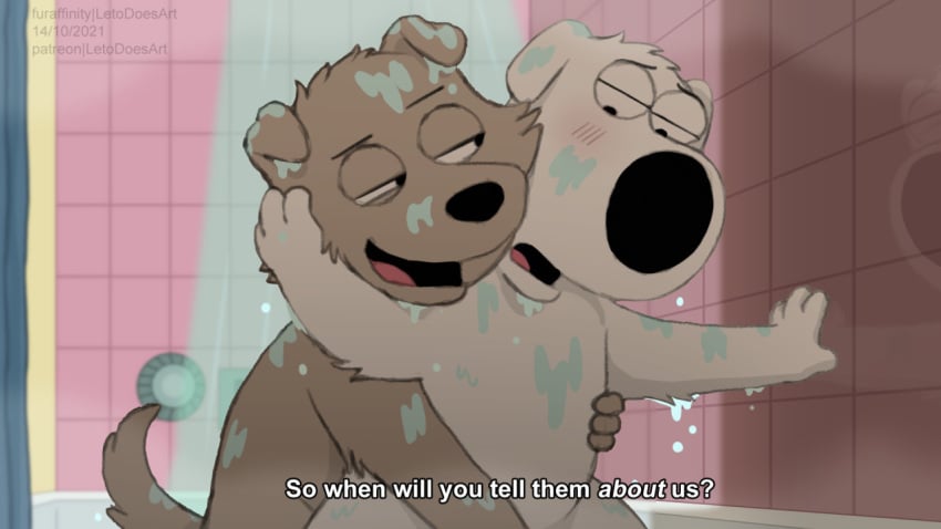 2boys blush brian_griffin dog family_guy gay letodoesart male male/male male_only new_brian non-human open_mouth sex_in_shower shower subtitled text tongue yaoi