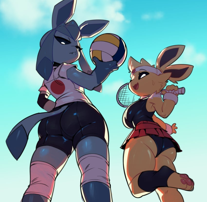 2d 2girls anthro anthrofied ass breasts clothed clothing eeveelution female female_only fur furry furry_only glaceon greasymeta hi_res looking_back looking_down low-angle_view multiple_girls nintendo paws pokémon_(species) pokemon pokemon_(species) scorbunny standing tail tennis_racket tennis_uniform volleyball