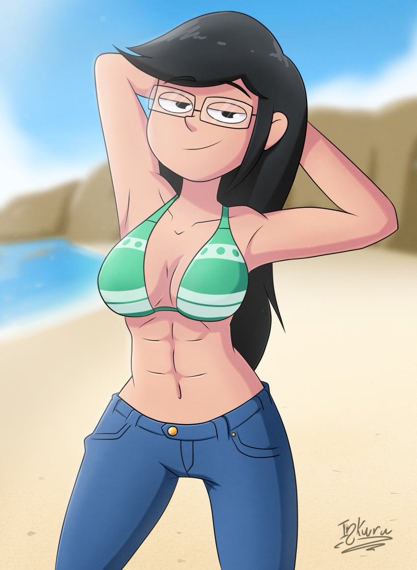 1girls abs armpits arms_behind_head beach big_breasts bikini_top busty cleavage confident female female_only glasses inkuru jeans large_breasts legs navel outdoors pose posing rosa_gonzalez rosebuds_(comic) seductive seductive_smile sensual smile solo thighs