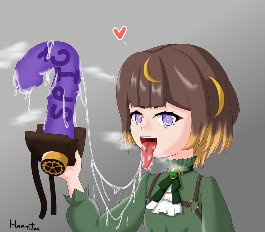 anya_melfissa brown_hair clothed_female dildo heart-shaped_pupils hololive hololive_indonesia hoonter huge_dildo purple_eyes saliva saliva_trail virtual_youtuber vtuber