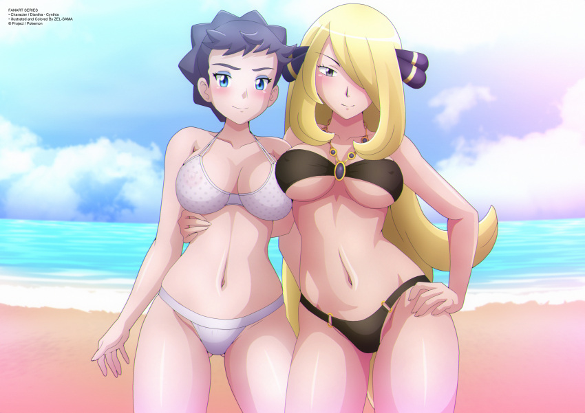 2girls beach bikini bikini_bottom bikini_top black_hair blonde_hair blue_eyes blush blushing_at_viewer breasts cleavage collarbone cynthia_(pokemon) diantha_(pokemon) female female_only gray_eyes hair_accessory hair_ornament hair_over_one_eye hand_on_hip hand_on_waist human light-skinned_female light_skin long_hair looking_at_viewer multiple_girls necklace nintendo ocean pokemon pokemon_bdsp pokemon_champion pokemon_dppt pokemon_xy short_hair swimsuit two_piece_swimsuit underboob yukino_memories zel-sama