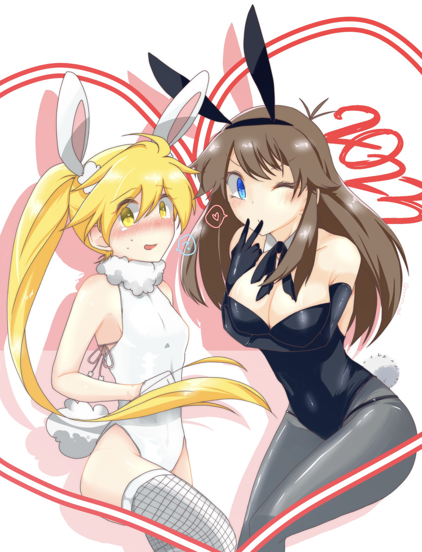 2023 blonde_hair blue_eyes brown_hair bunny_ears bunny_girl bunnysuit female green_(pokemon) heart large_breasts pokemon pokemon_(manga) pokemon_adventures ponytail small_breasts v_sign yellow_(pokemon) yellow_eyes