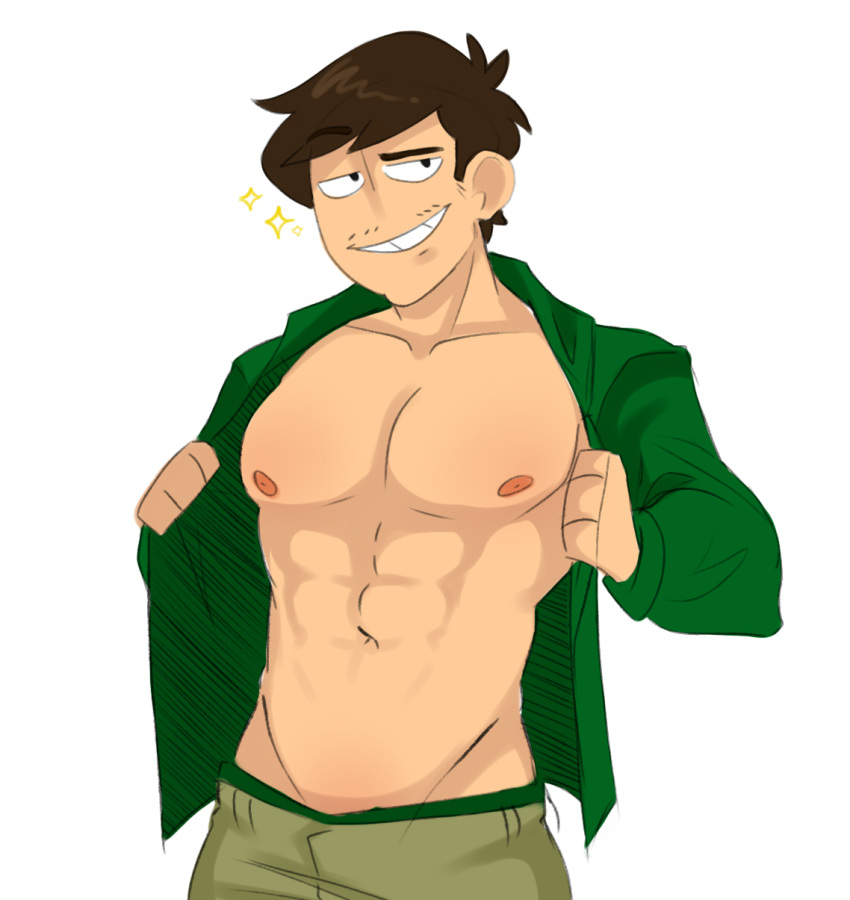 1boy abs brown_hair colafetish_was_here eddsworld eduardo_(eddsworld) eli_johnson facial_hair half_naked human male male_nipples male_only muscles muscular_male mustache no_visible_genitalia noseless open_shirt pecs solo well_well_well