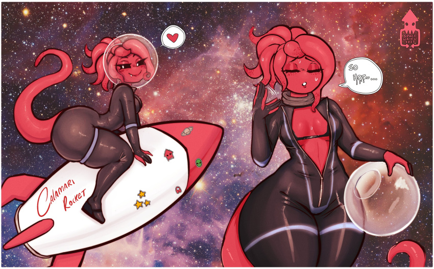 acta anthro ass big_butt blush bodily_fluids breasts cephalopod claws closed_eyes clothed clothing coleoid decapodiform detailed_background dialogue female hi_res holding_object marine mollusk open_mouth partially_clothed red_body rocket sitting smile solo space spacesuit spacewaifu speech_bubble sweat teeth