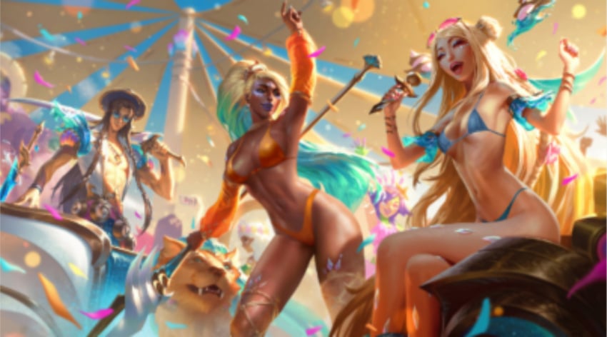 2girls blurry female league_of_legends multiple_girls nidalee ocean_song_nidalee ocean_song_seraphine pool_party_series richtofen seraphine_(league_of_legends)