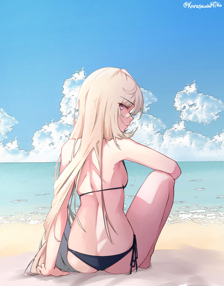 back back_view beach bikini black_bra black_panties ghost_girl nijisanji nijisanji_en ocean purple_eyes reimu_endou sideboob sitting virtual_youtuber white_hair