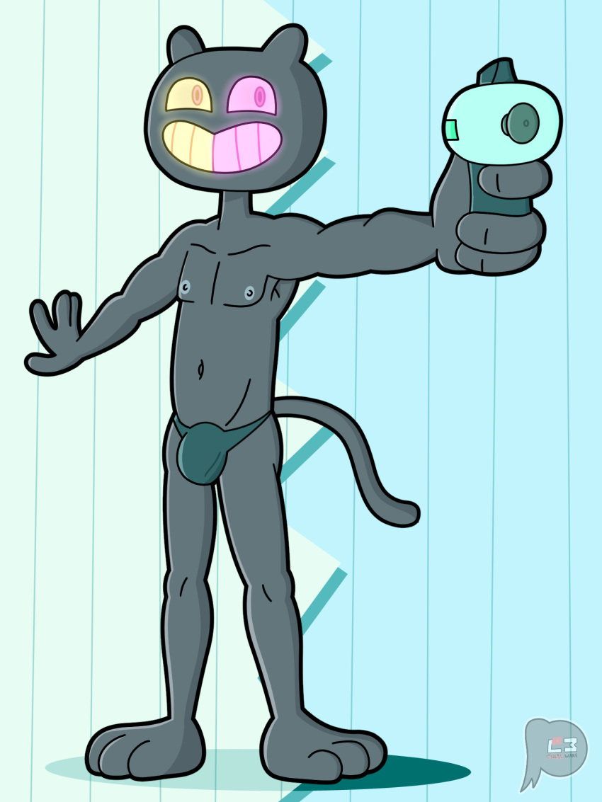 1boy 2022 anthro bulge cartoon_network clothed clothing colored cookie_cat_(steven_universe) digital_drawing_(artwork) digital_media_(artwork) domestic_cat felid feline felis fur hi_res holding_object holding_weapon lewdware male male_only mammal nipples pattern_background shaded signature simple_background smile smiley_face solo speedo speedo_only steven_universe swimwear weapon