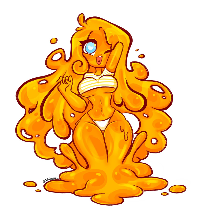 1girls arm_up blue_eyes breasts cleavage comission crop_top drippy female female_focus goo gooey hourglass_figure ivywildeva long_sleeves midriff navel ohthesunnyside orange_body orange_hair orange_skin panties slime slime_girl solo solo_female thick_thighs thigh_gap thighs thin_waist thong tight_clothing tight_panties underboob white_background