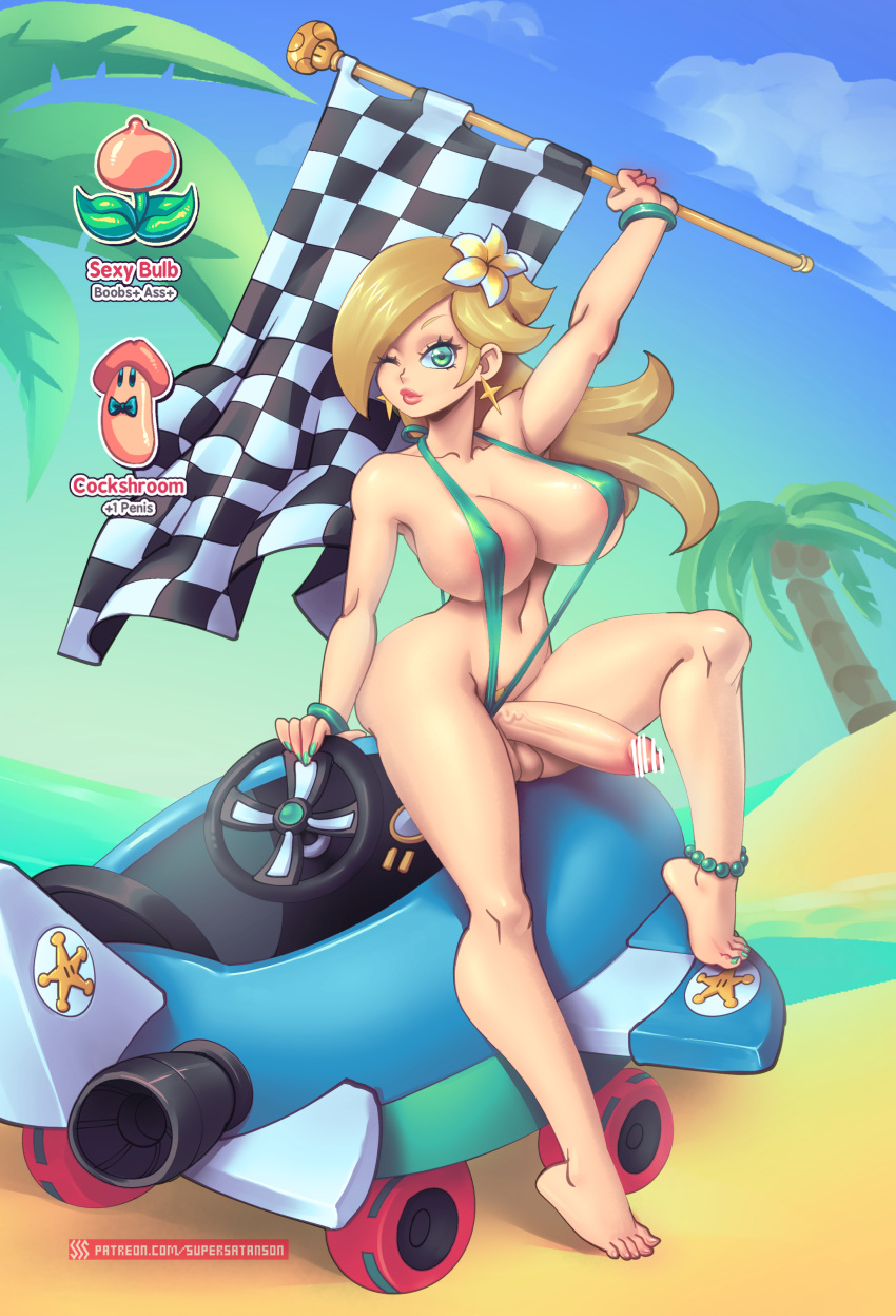 1futa alternate_breast_size alternate_version_available balls bar_censor beach big_ass big_breasts big_penis bikini blonde_hair breasts censored clothed clothing detailed_background erection futa_only futanari huge_breasts huge_cock human light-skinned_futanari light_skin long_hair mario_(series) mario_kart mario_kart_tour mostly_nude nintendo penis power_up princess_rosalina solo supersatanson text