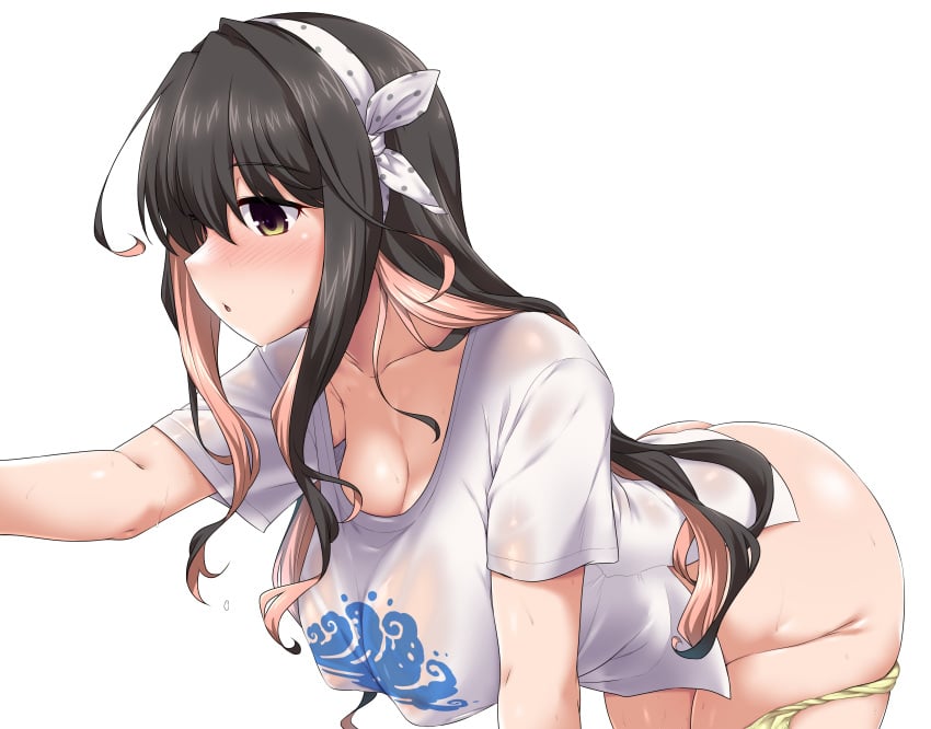 =3 alternate_costume ass black_hair blush breasts breath casual cleavage clothes_writing collarbone eyebrows_visible_through_hair female hairband highres huge_breasts indoors kantai_collection long_hair looking_to_the_side multicolored_hair naganami_(kantai_collection) no_bra open_mouth panty_pull pink_hair ribbon see-through shirt short_sleeves solo sweat t-shirt thick_thighs two-tone_hair wavy_hair wet white_hairband white_shirt yellow_eyes yoshi_tama