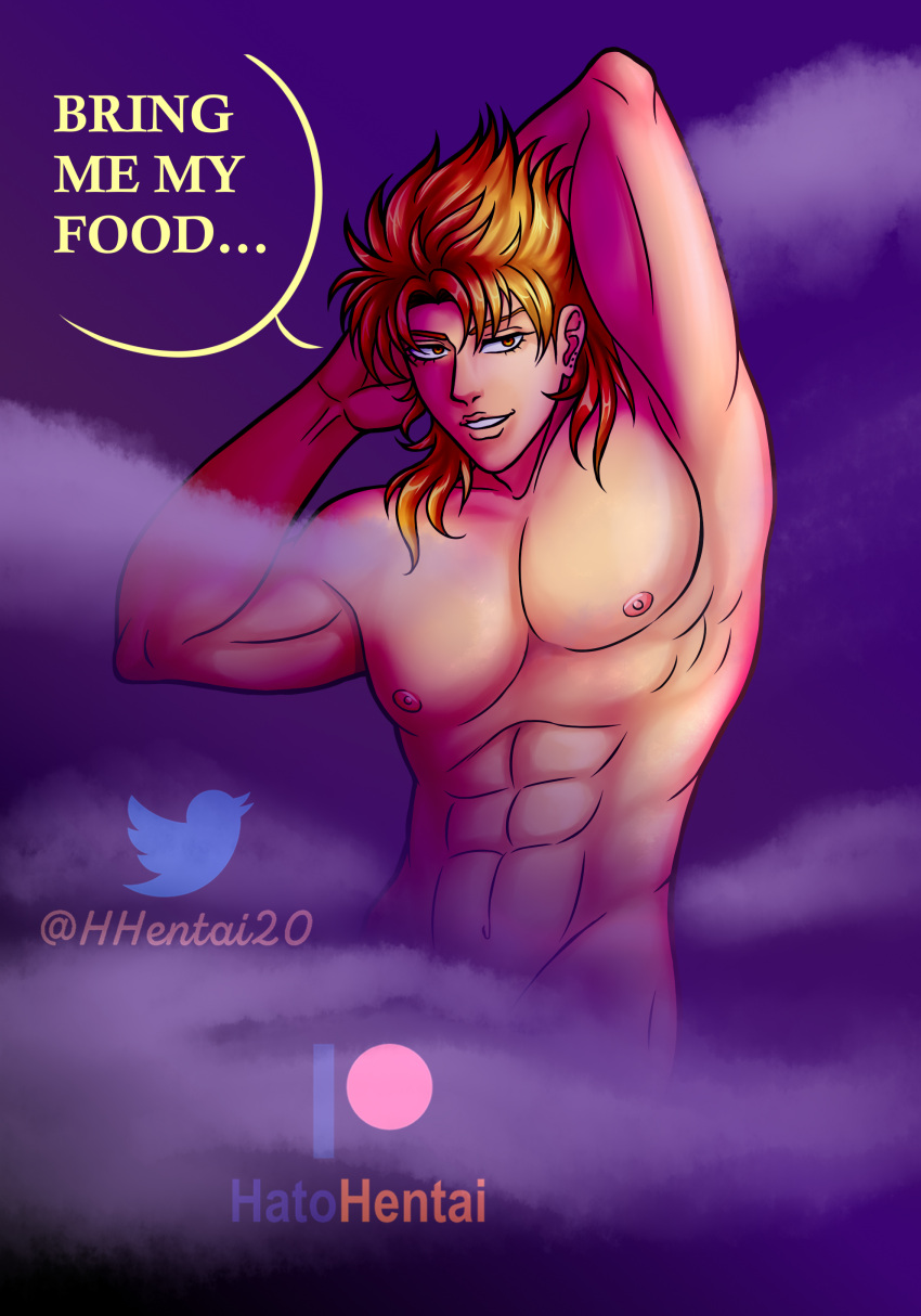 1boy armpit armpits artist_logo artist_name artist_signature blonde_hair dialogue dio_brando english_text hhentai20 jojo's_bizarre_adventure male male_nipples male_only muscles muscular_male nightmare_husbando patreon_username pecs stardust_crusaders vampire