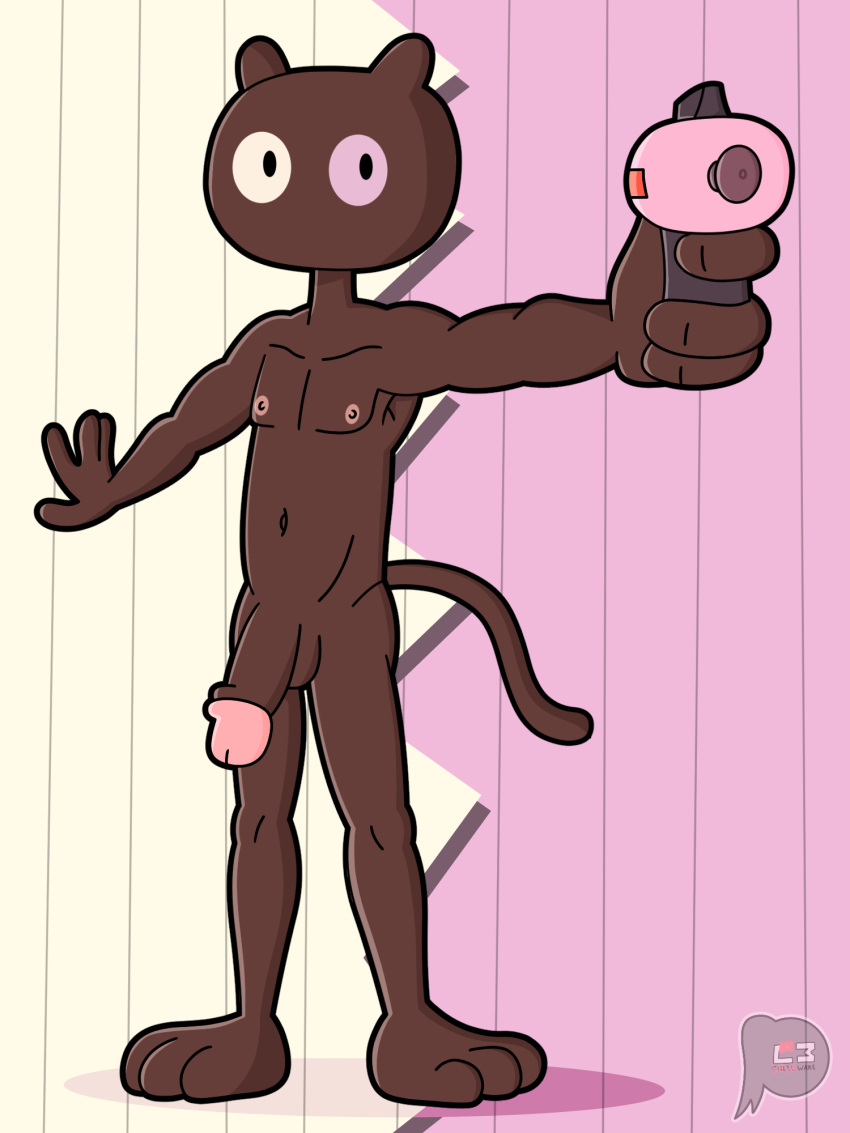 2022 anthro cartoon_network colored cookie_cat_(steven_universe) digital_drawing_(artwork) digital_media_(artwork) domestic_cat felid feline felis fur hi_res holding_object holding_weapon male mammal nipples nude pattern_background shaded signature simple_background solo steven_universe weapon