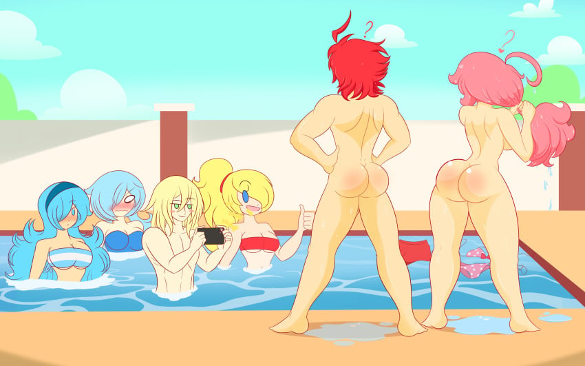 2boys 4girls ahoge ass blonde_hair blue_hair blush breasts clothing completely_nude completely_nude_female completely_nude_male couple donovan_(limbros) electronics embarrassed eve_(limbros) female human limbros male melody_(limbros) naked nude oc original original_character pale_skin phone pink_hair pool red_hair sabrina_(limbros) swimsuit_removed swimwear tagme thumbs_up wet wet_skin