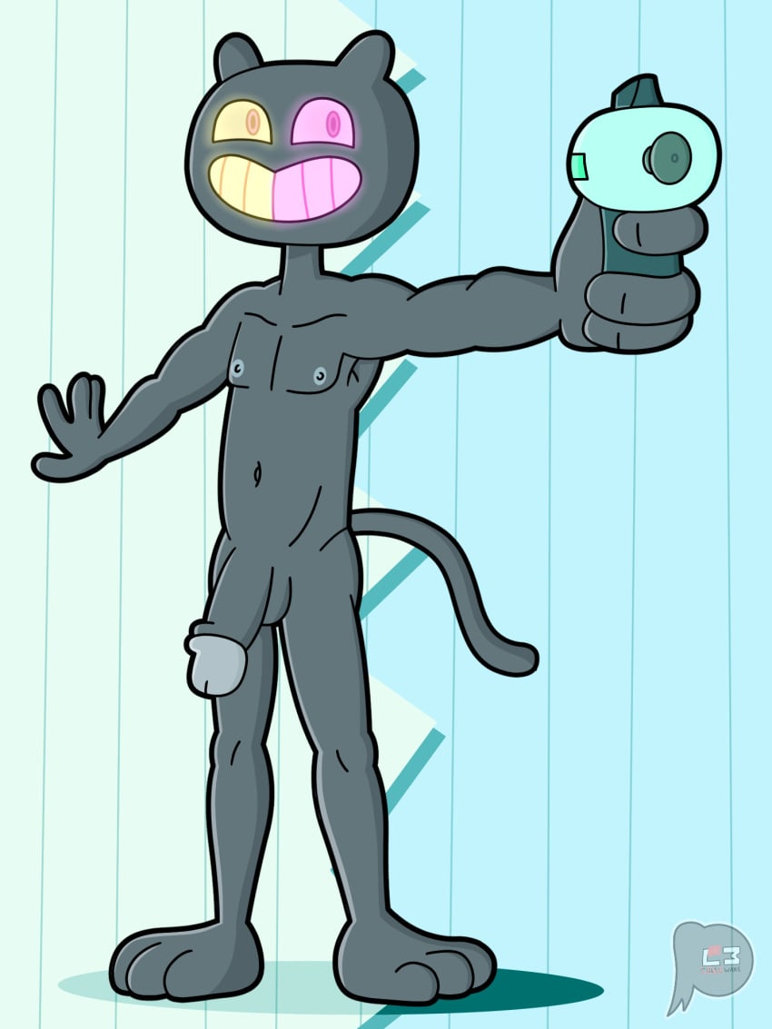 2022 anthro bulge cartoon_network clothed clothing colored cookie_cat_(steven_universe) digital_drawing_(artwork) digital_media_(artwork) domestic_cat felid feline felis fur hi_res holding_object holding_weapon lewdware male mammal nipples nude pattern_background shaded signature simple_background smile smiley_face solo steven_universe swimwear weapon