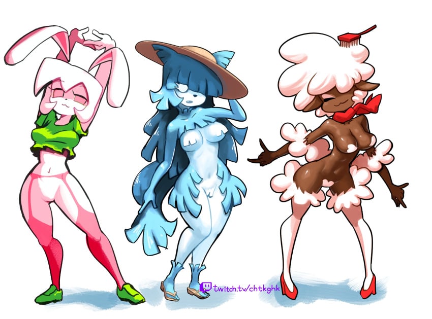 2022 3girls :3 ^_^ absurd_res afro animal_ears anthro arm_up arms_up artist_name bare_arms black_body blue_eyes blue_fur blue_hair bottomless breasts bunny_ears bunny_girl closed_eyes comb cotton_cream crop_top eyebrows_visible_through_hair eyes_visible_through_hair fangs feet female female_only fox_shadow_puppet full_body fur fur_pattern furry fuzzy_howl green_shirt hair_over_one_eye hand_on_head hat high_heels highres hopping_bullet lagomorph lingerie_pattern_pets long_hair medium_breasts minus8 multicolored_fur multiple_girls navel nude open_mouth original pink_eyes pink_fur sandals scarf shadow sheep sheep_ears sheep_girl sheep_tail shirt shoes short_hair simple_background smile snout standing stretching sun_hat tail teeth thick_thighs thighs two_tone_fur url very_long_hair watermark white_background white_fur white_hair wide_hips wolf wolf_ears wolf_girl wolf_tail