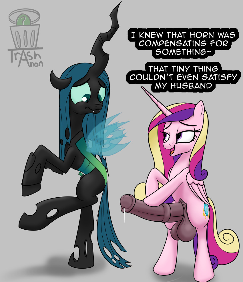 absurd_res alicorn animal_genitalia animal_penis arthropod balls big_penis bodily_fluids changeling cum cum_drip cutie_mark digital_media_(artwork) dripping duo english_text equid equine equine_penis eyelashes fangs feral friendship_is_magic futa futa_only genital_fluids genitals green_eyes gynomorph hair half-closed_eyes hasbro hi_res horn huge_cock insect_wings intersex looking_down mammal multicolored_hair multicolored_tail my_little_pony narrowed_eyes nervous notched_wings penis pink_body princess_cadance_(mlp) purple_eyes queen_chrysalis_(mlp) small_penis small_penis_humiliation standing text trash_anon wings