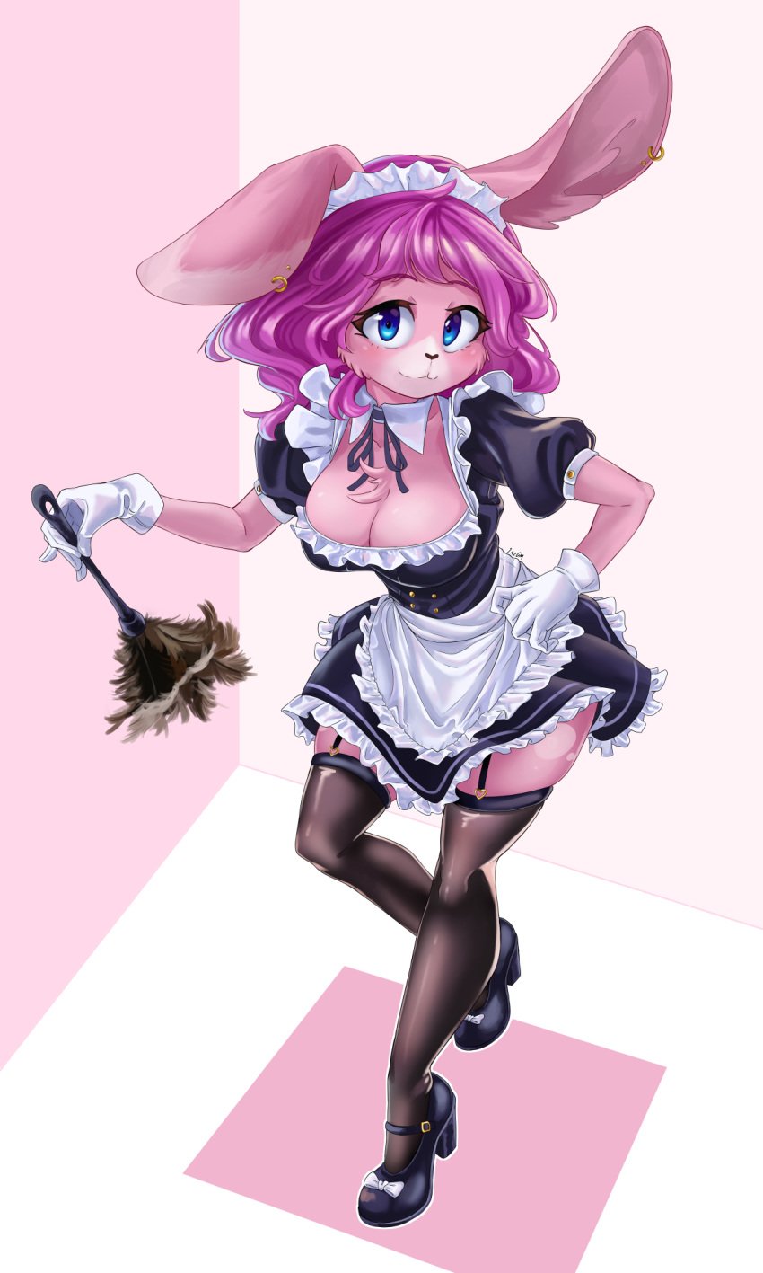 anthro blue_eyes bunny_ears bunny_girl duster furry gm_laz large_breasts maid maid_headdress maid_uniform piercing piercings pink_fur purple_hair sakura_(gaminggryff) stockings