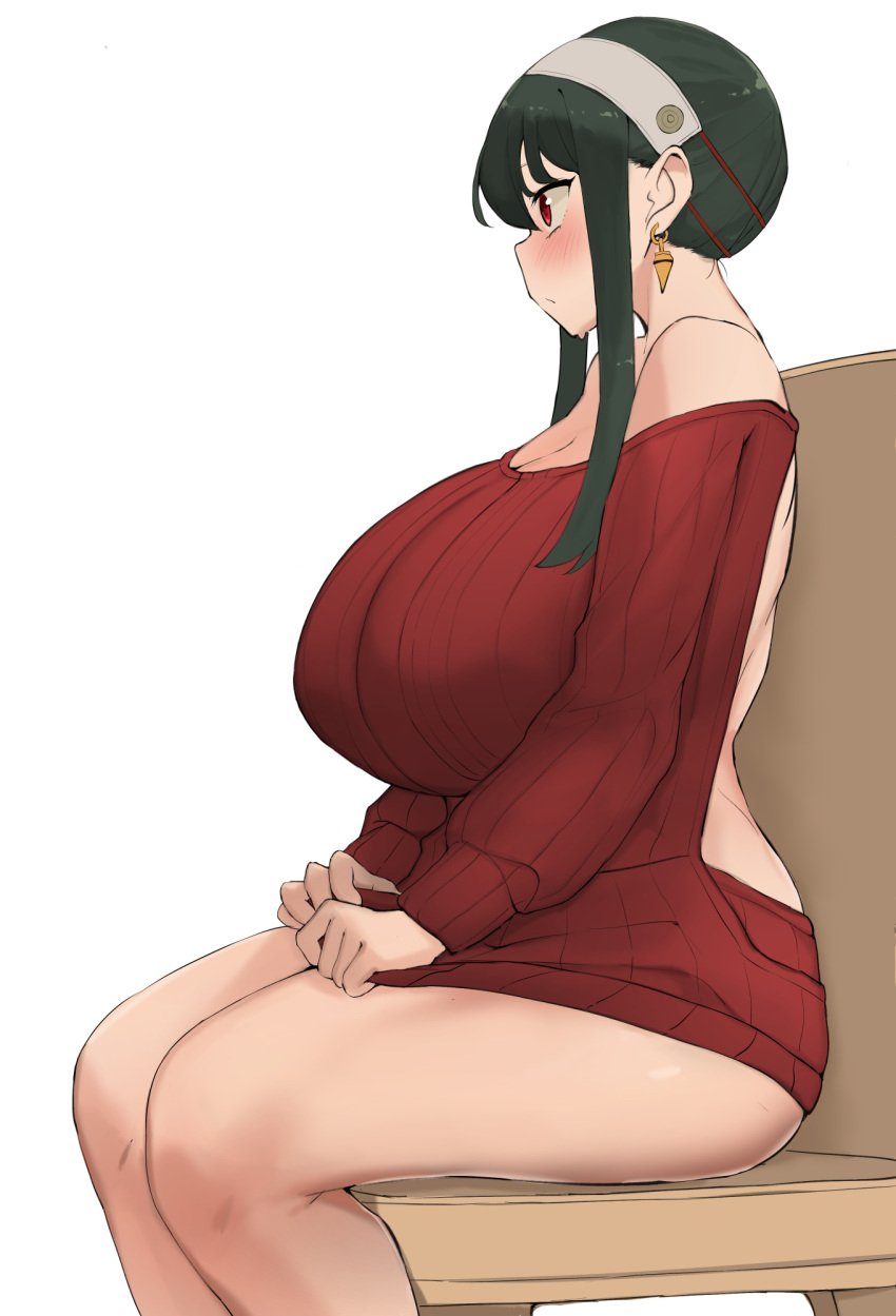 1girls big_breasts black_hair chubby earrings female female_only huge_breasts large_breasts red_eyes sitting solo solo_female spy_x_family sweater thick voluptuous xx682567 yor_briar yor_forger