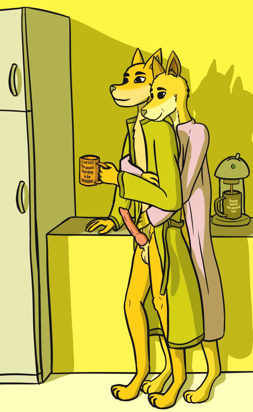 absurd_res anthro bathrobe beverage canid canine canis clothed clothing coffee confusedraven cuddling domestic_dog duo erection female furry hi_res male male/female mammal morning morning_wood open_clothing open_robe robe